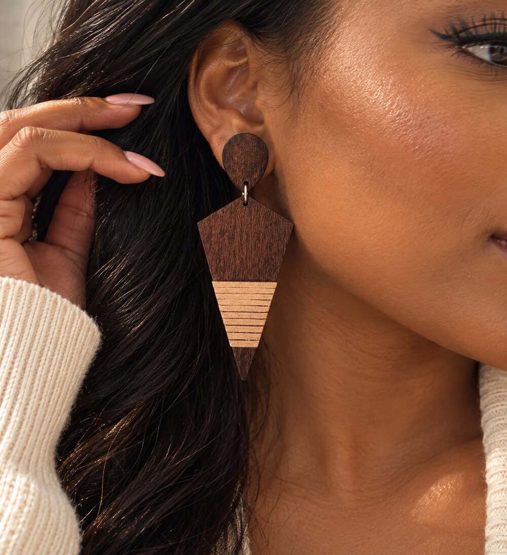 Brown Wood Geometric Drop Earrings Two Tone Statement Boho Modern
